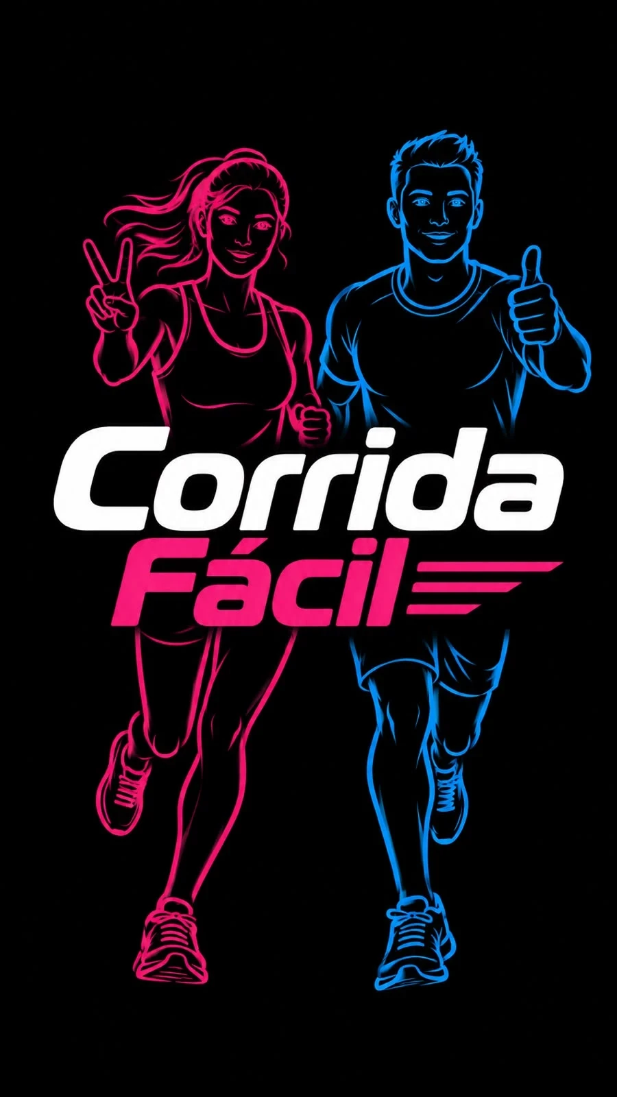 Logo Corrida Fácil: casal correndo em traço neon rosa e azul
